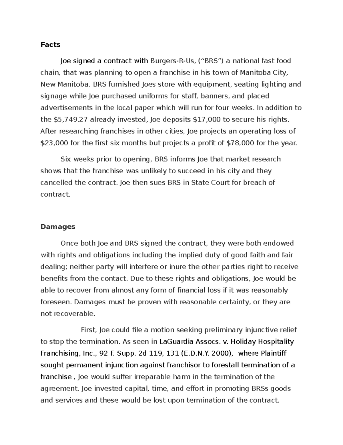 Contracts - assignment - Facts Joe signed a contract with Burgers-R-Us ...