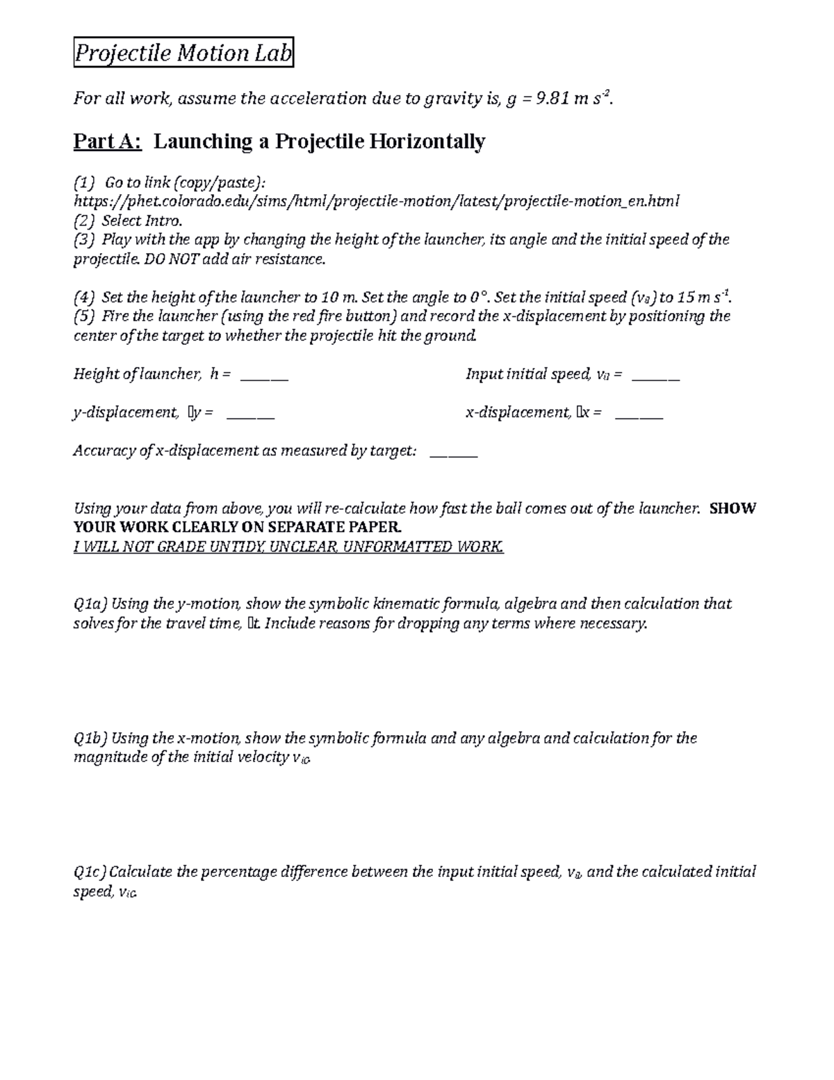 Lab2 Projectile Motion Phet - Projectile Motion Lab For All Work ...