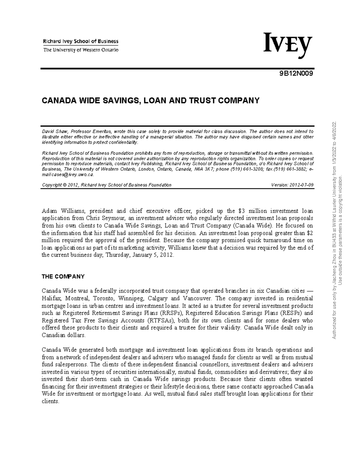 Canada Wide Savings, Loan and Trust Company S w 9B12N CANADA WIDE