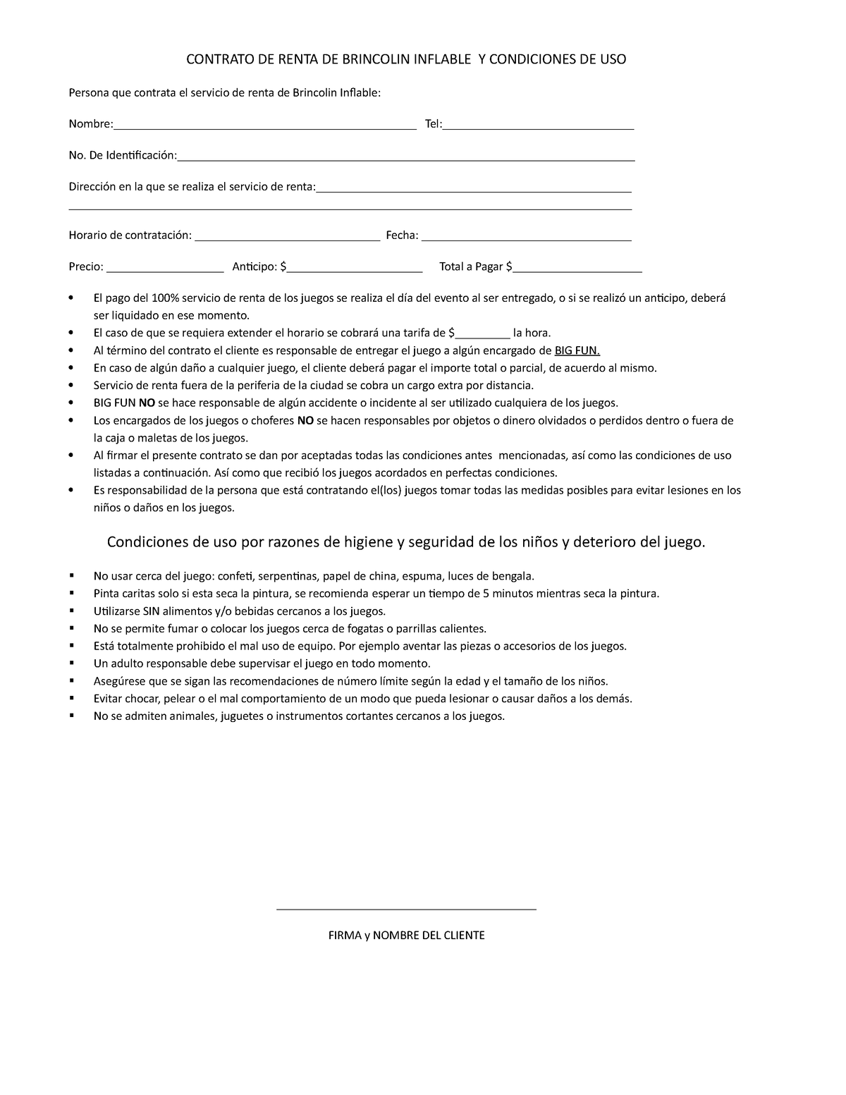 Contrato Para Renta De Brincolin Inflable Contrato De Renta De Brincolin Inflable Y 0599