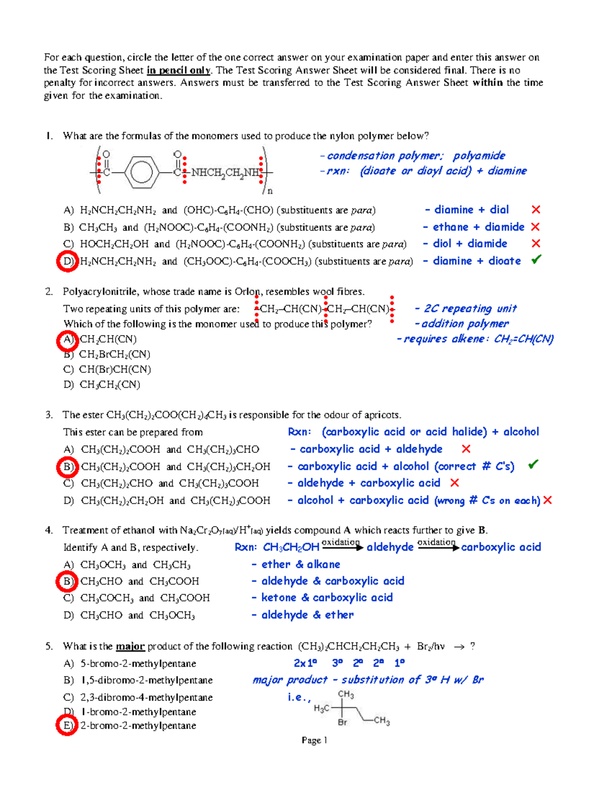 Sample CHEM1040Final Exam Solutions - For Each Question, Circle The ...