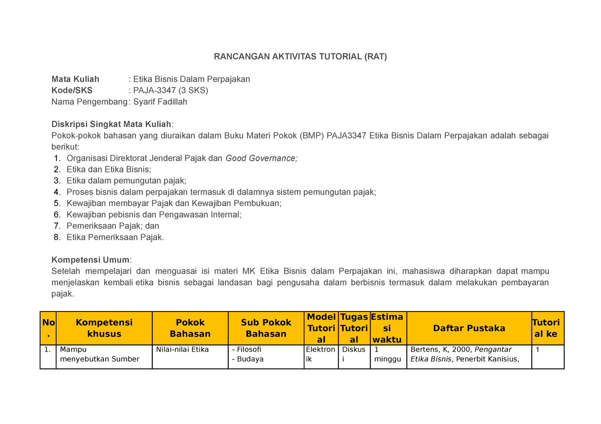 RAT Etika Bisnis Dlm Perpajakan - RANCANGAN AKTIVITAS TUTORIAL (RAT ...