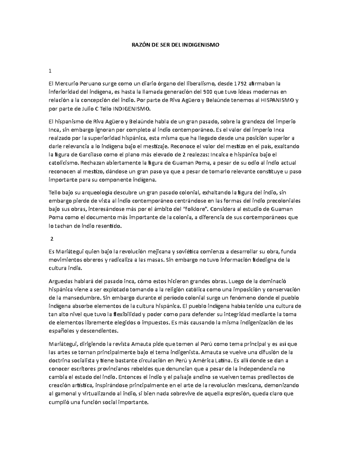 Resumen Arguedas Raz n De Ser Del Indigenismo RAZ N DE SER DEL