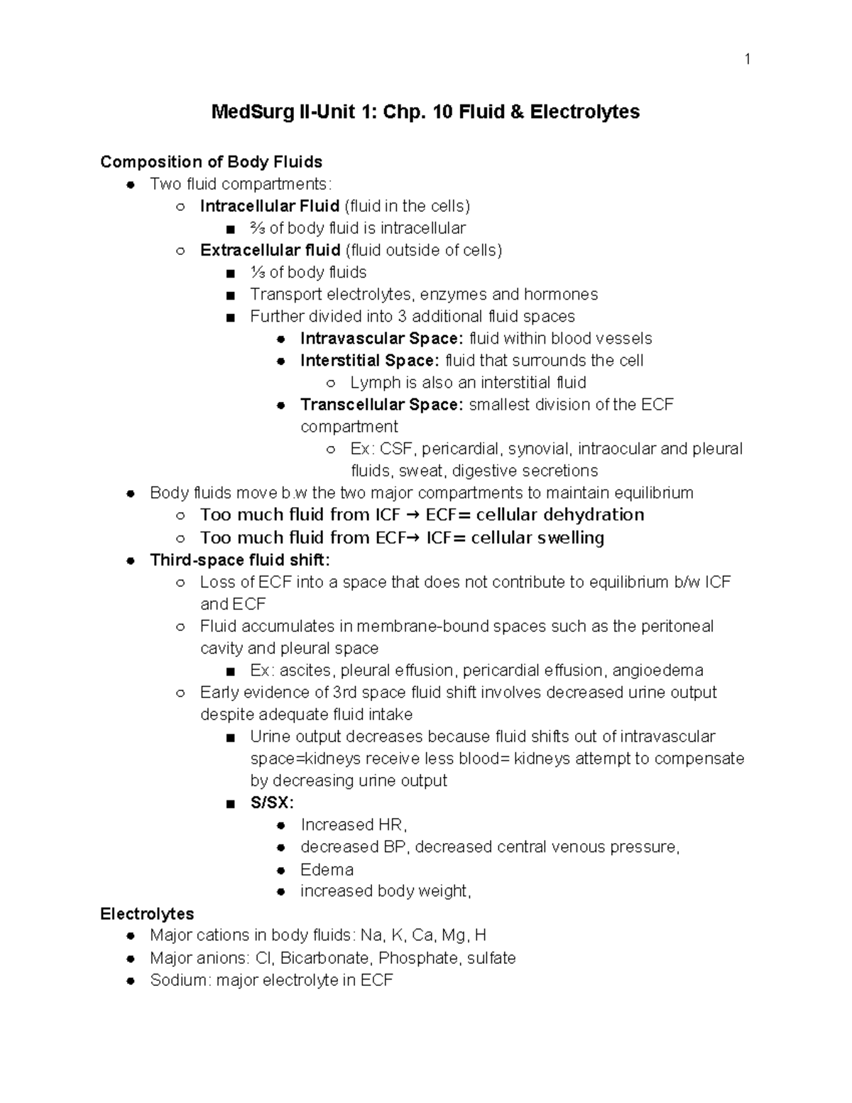 Med Surg Unit 1 Notes - helpful - MedSurg II-Unit 1: Chp. 10 Fluid ...