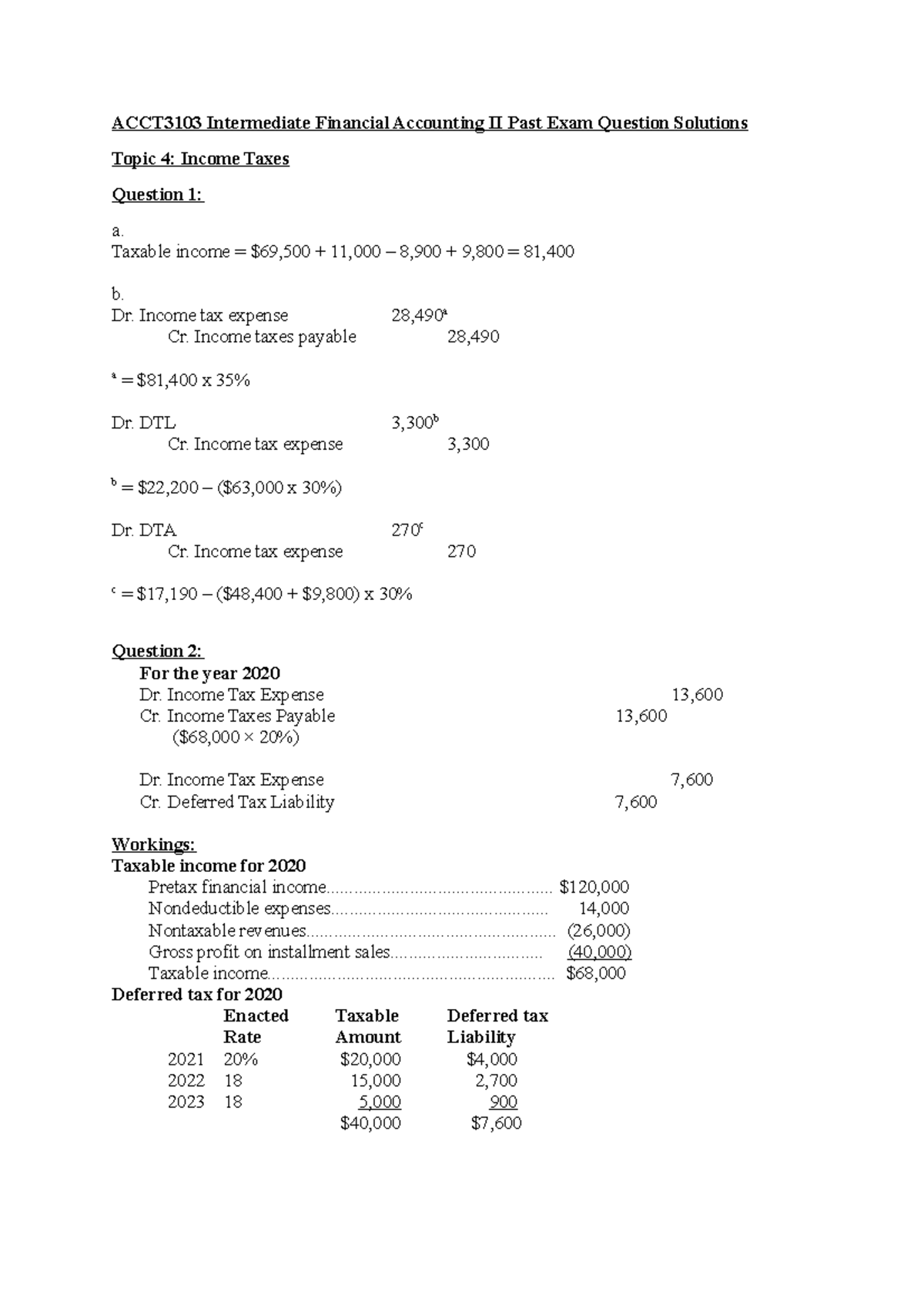 Income Taxes Solutions - ACCT3103 Intermediate Financial Accounting II ...