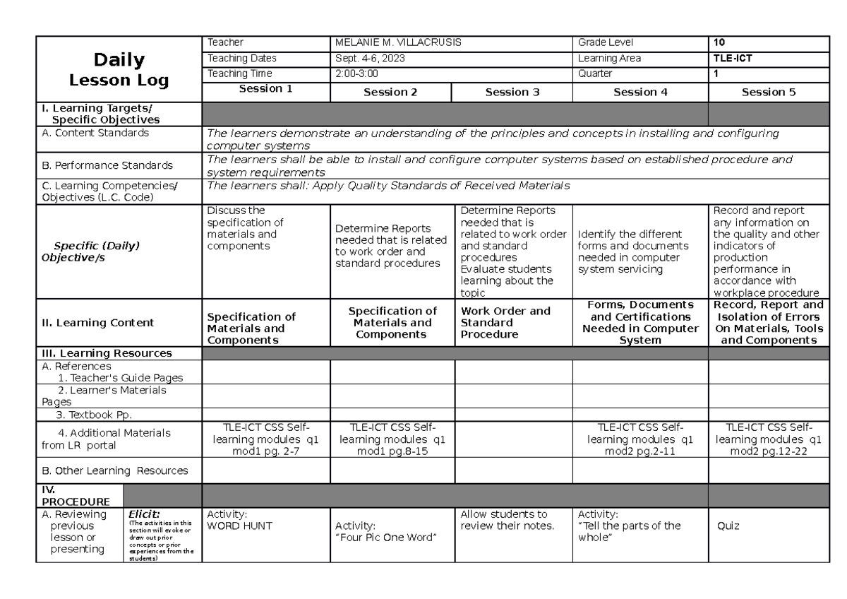 ICT Week 2 - none - Daily Lesson Log Teacher MELANIE M. VILLACRUSIS ...