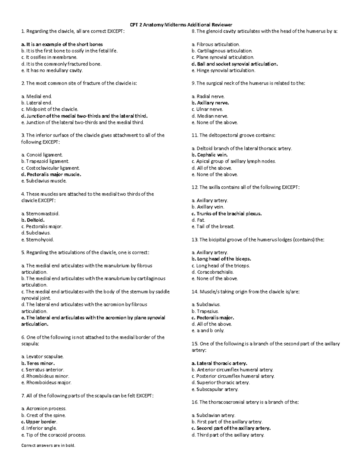 Anatomy (Upper extremities) Practice Reviewer - CPT 2 Anatomy Midterms ...