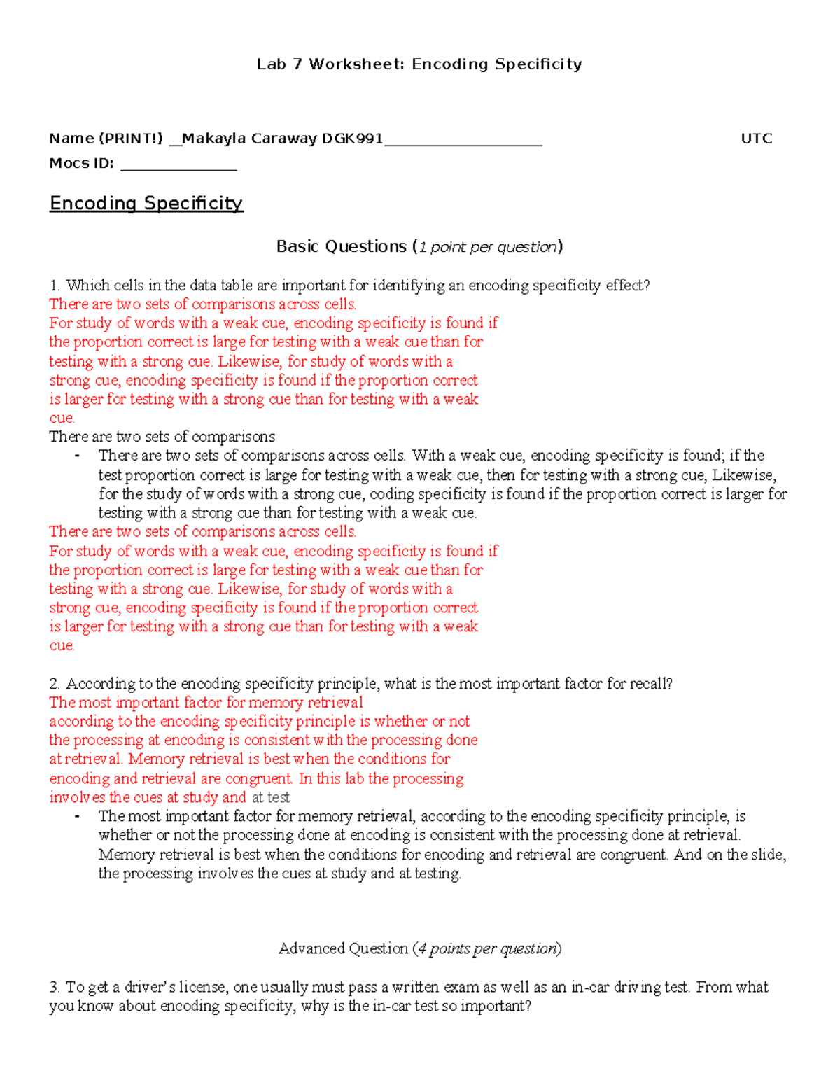 Encoding Specificity - stats work - Lab 7 Worksheet: Encoding ...