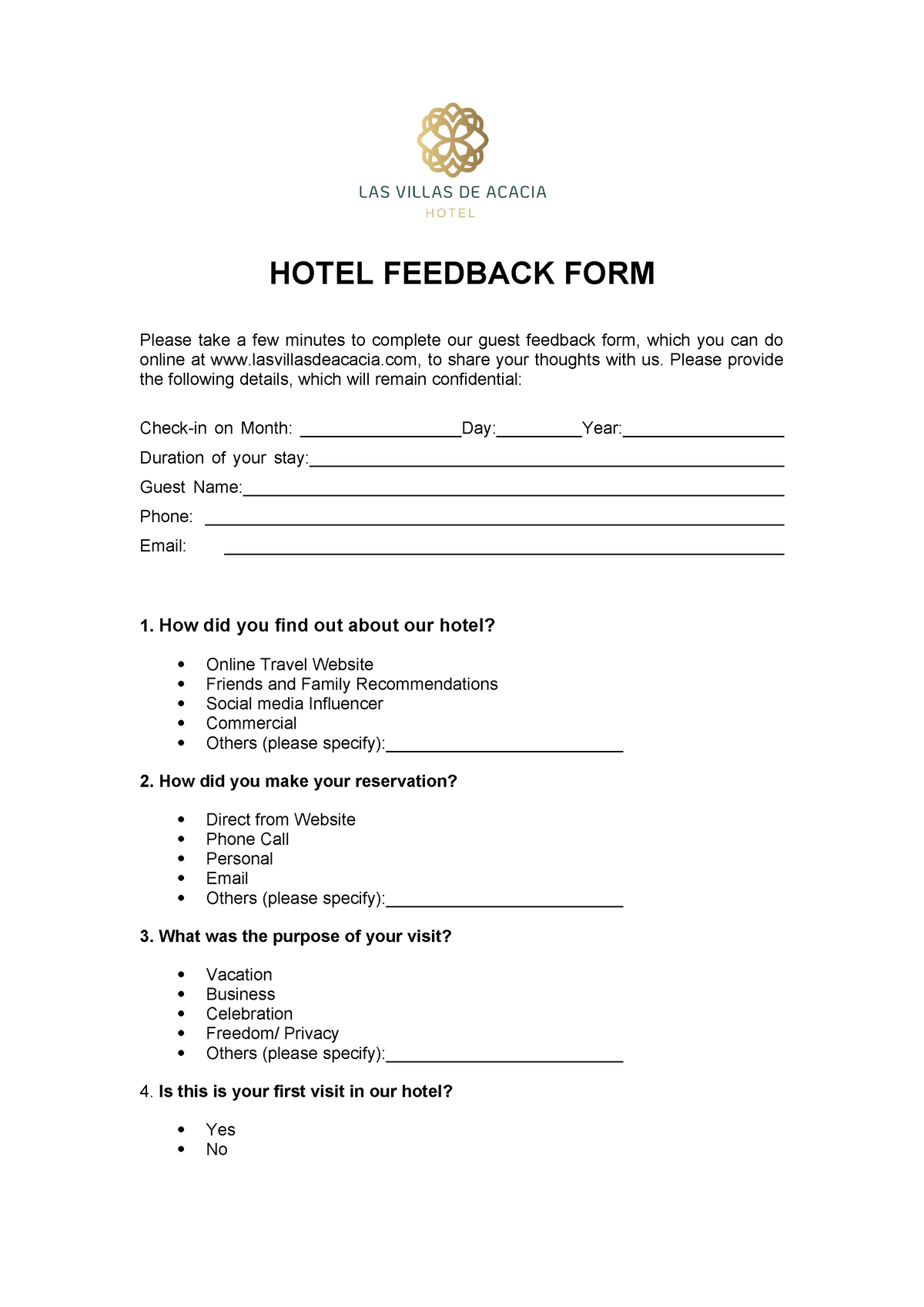 Front Office Feedback form - HOTEL FEEDBACK FORM Please take a few ...