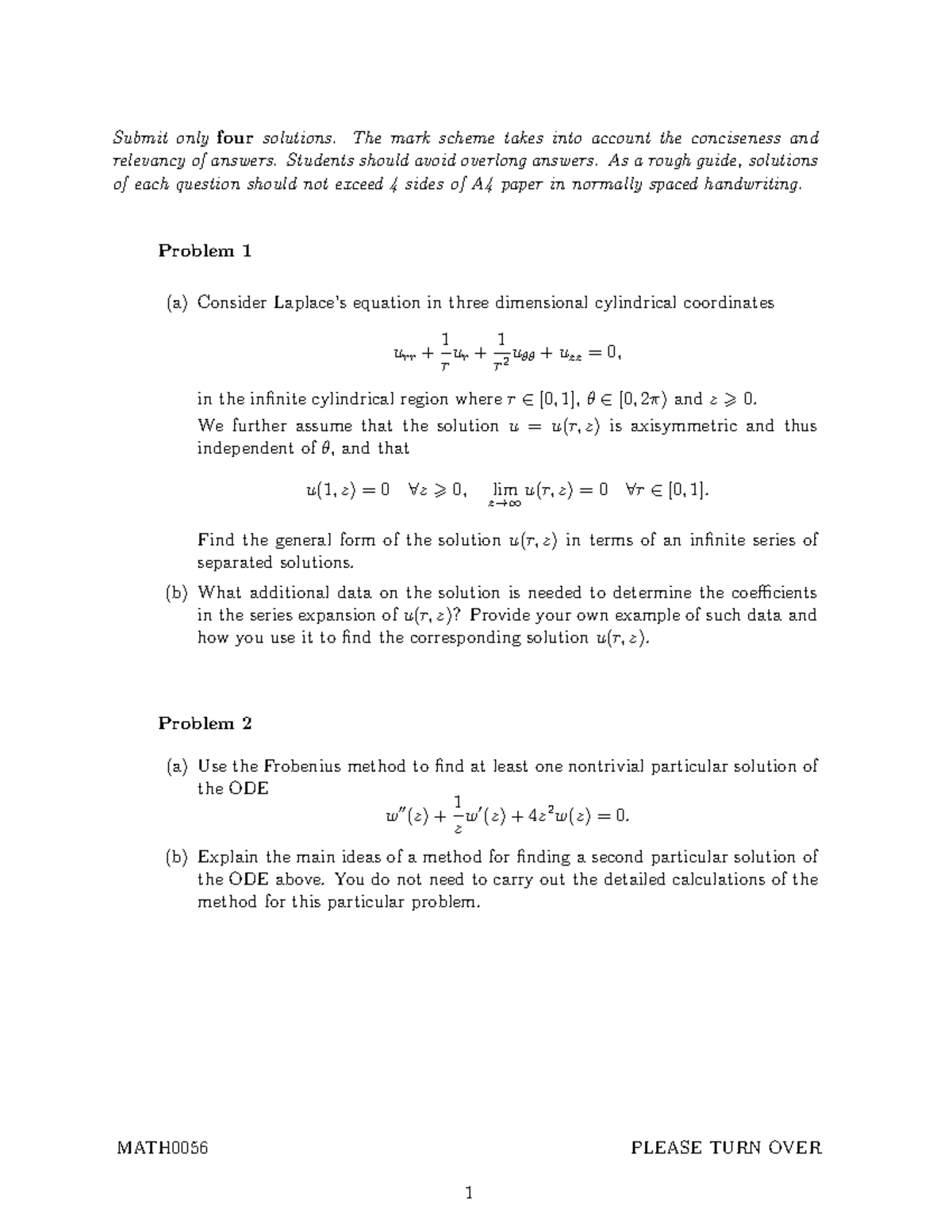 MATH0056 mathematical methods 4 Exam2020 past paper - MATH7402 - UCL ...