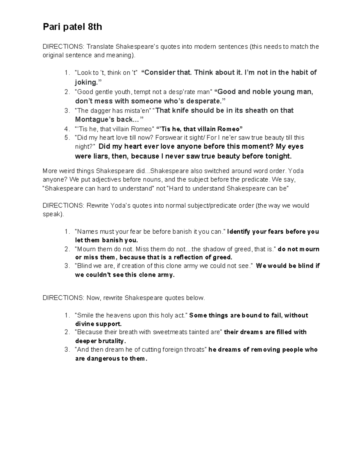 Shakespeare's Language and Pari patel 8th DIRECTIONS Translate