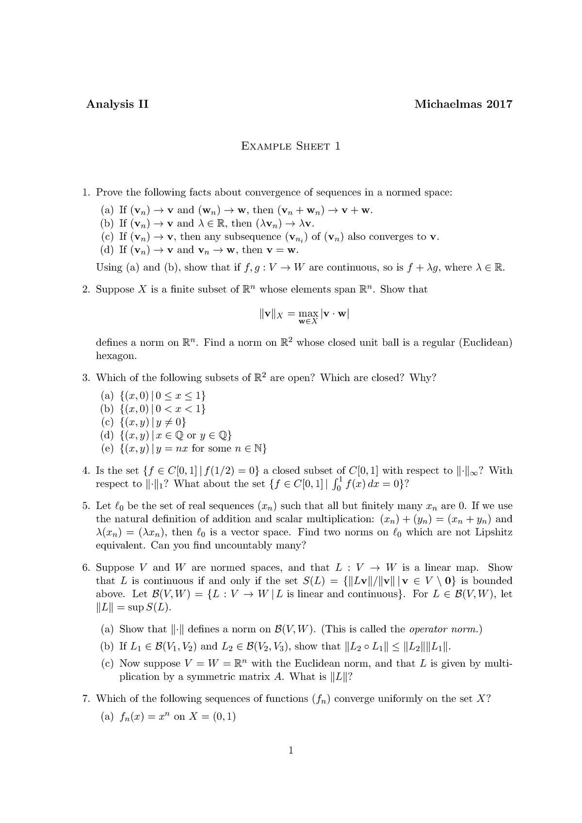 Analysis Ii 17 18 Example Sheet 1 Studocu