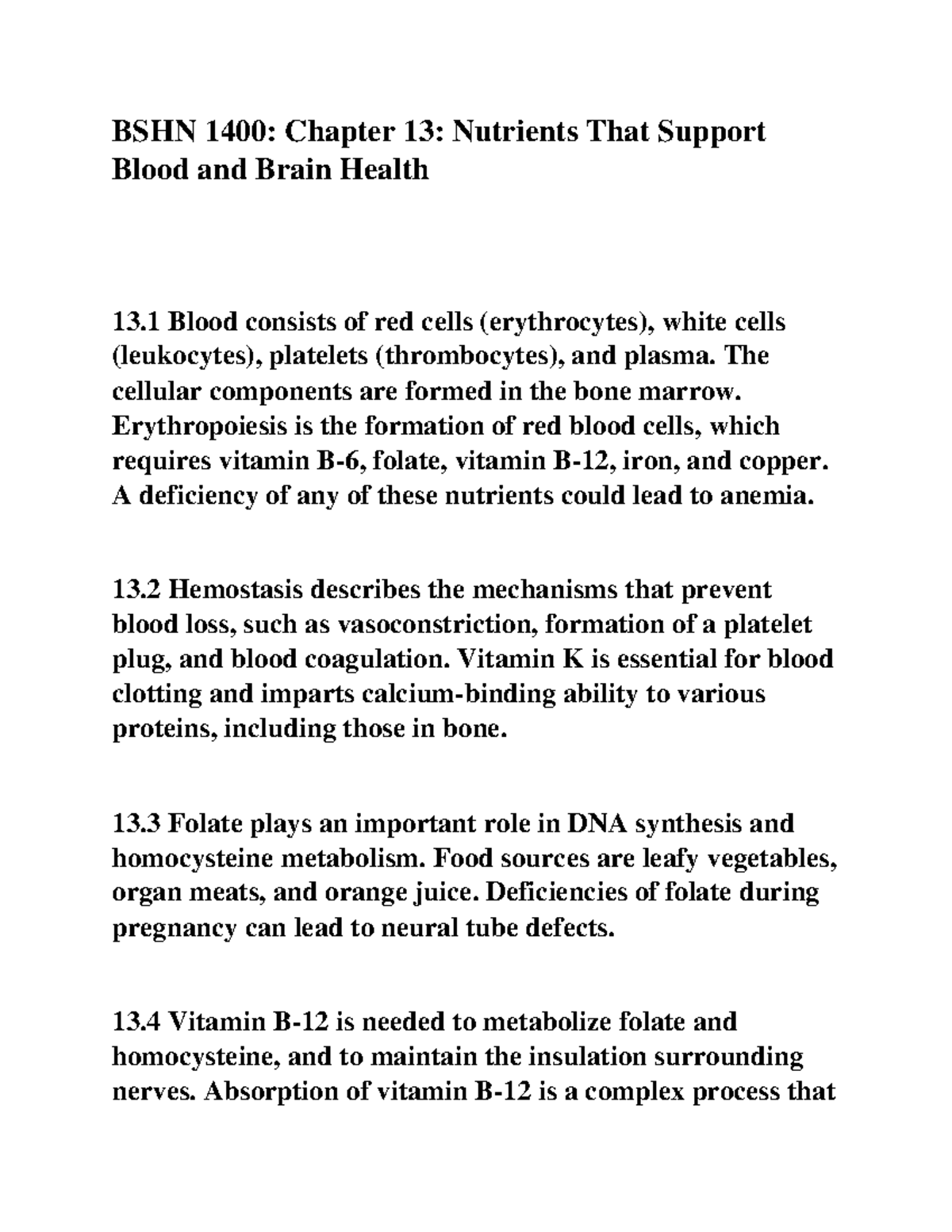 BSHN 1400-Chapter 13 - Nutrients That Support Blood And Brain Health ...