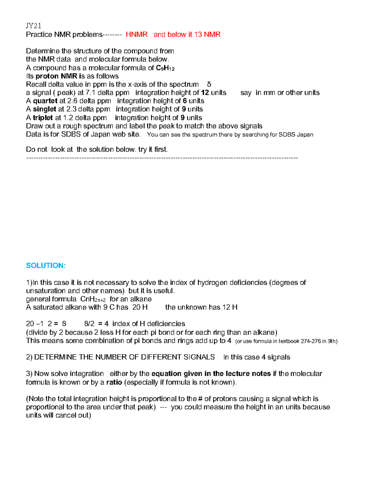 C 242 Practice H NMR 13C JY21 - Practice NMR problems- HNMR and below ...