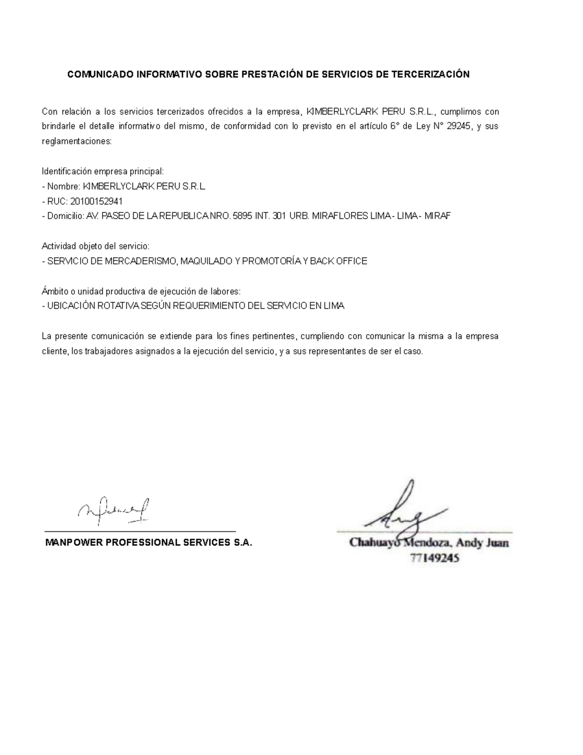 Comunicado 22053 - COMUNICADO INFORMATIVO SOBRE PRESTACIÓN DE SERVICIOS ...