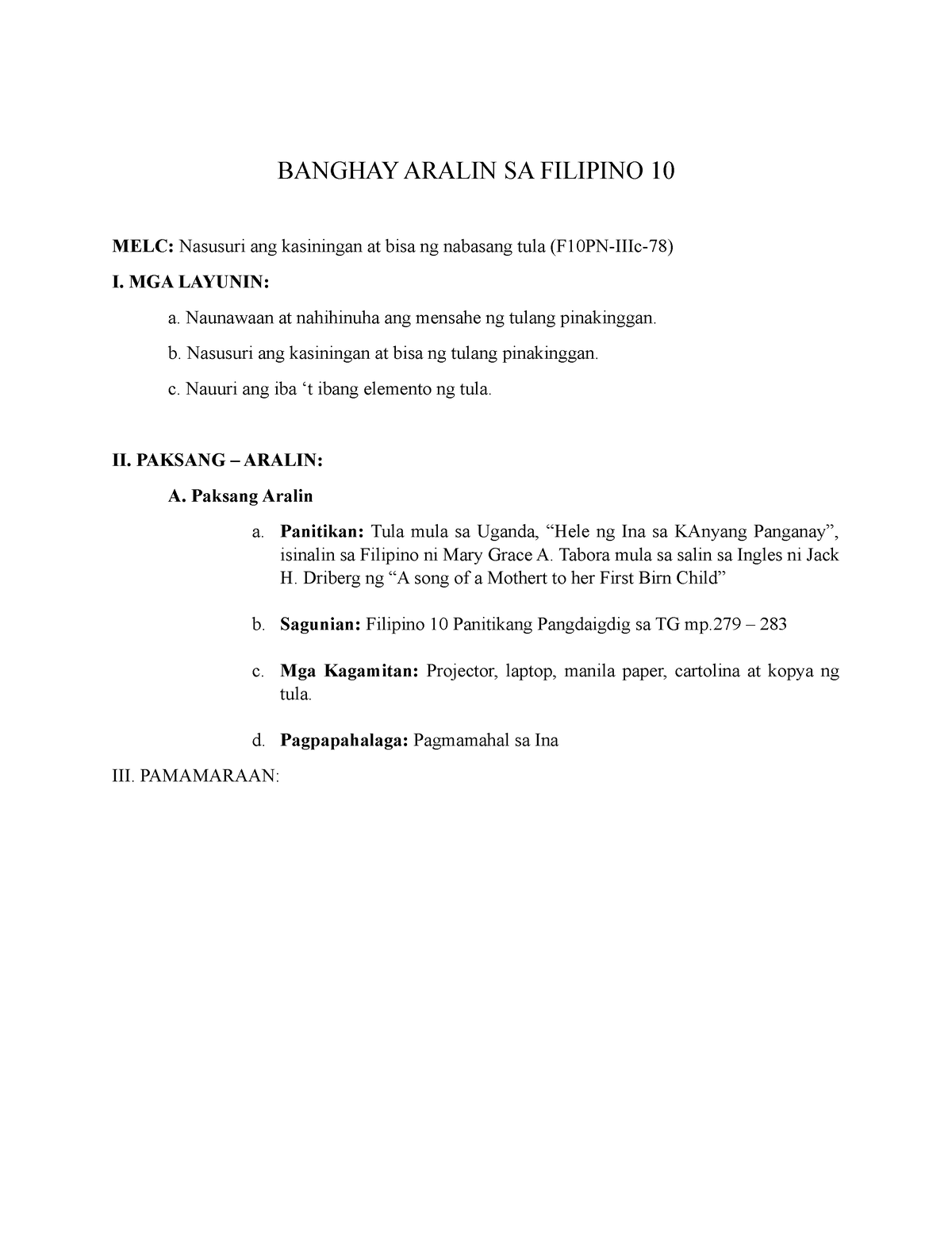 Banghay Aralin SA Filipino 10 - BANGHAY ARALIN SA FILIPINO 10 MELC ...