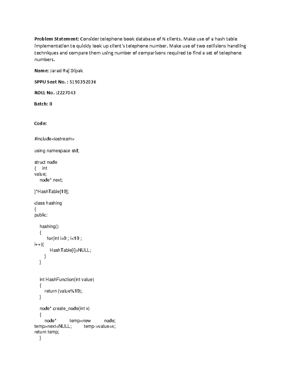 DSA PR 01 - Problem Statement: Consider telephone book database of N ...