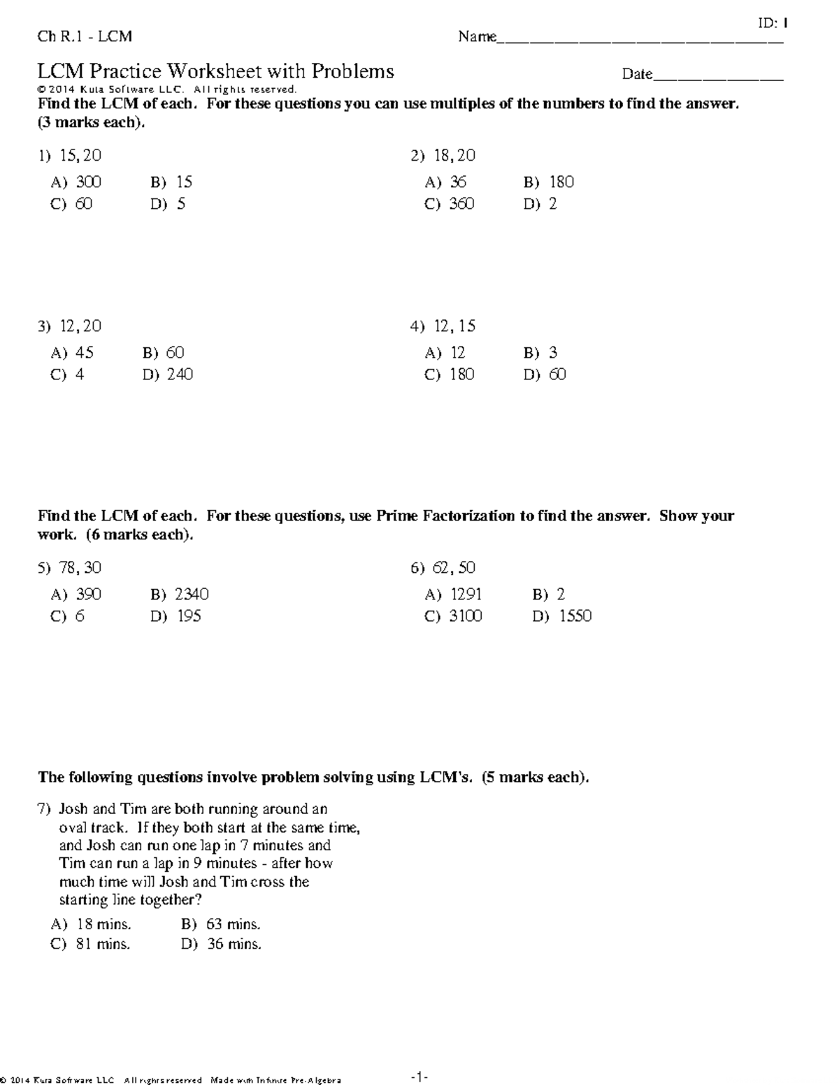 Ch R.1 - LCM - LCM Practice Worksheet with Problems - ©Y B 2 D 0 L 104 ...