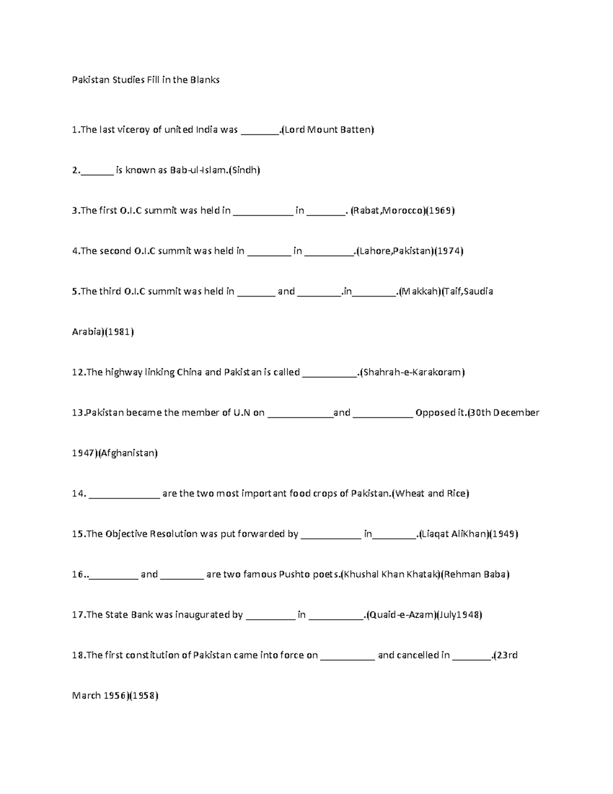 Pakistan Studies Fill in the Blanks - (Lord Mount Batten) 2. is known ...