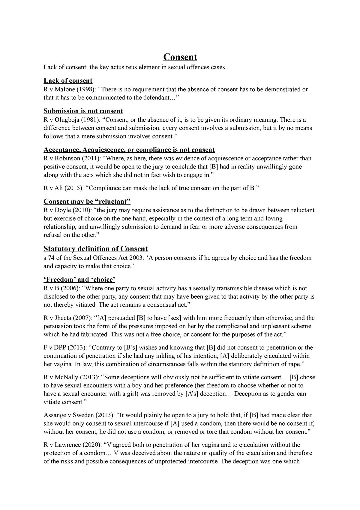 Consent - Lecture notes 5 - Consent Lack of consent: the key actus reus  element in sexual offences - Studocu