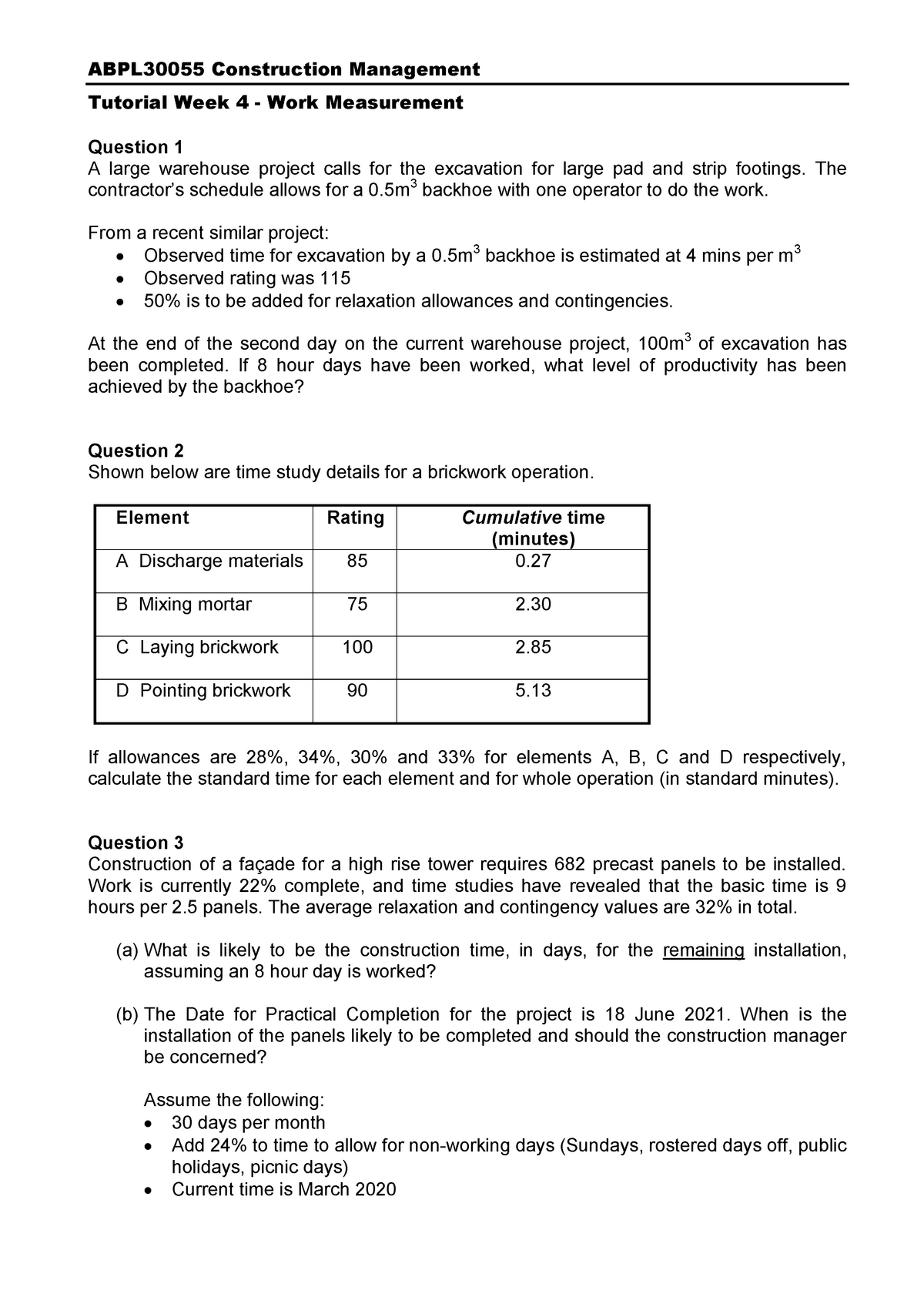 Tutorial Wk 4 Work Measurement-1 - ABPL30055 Construction Management ...