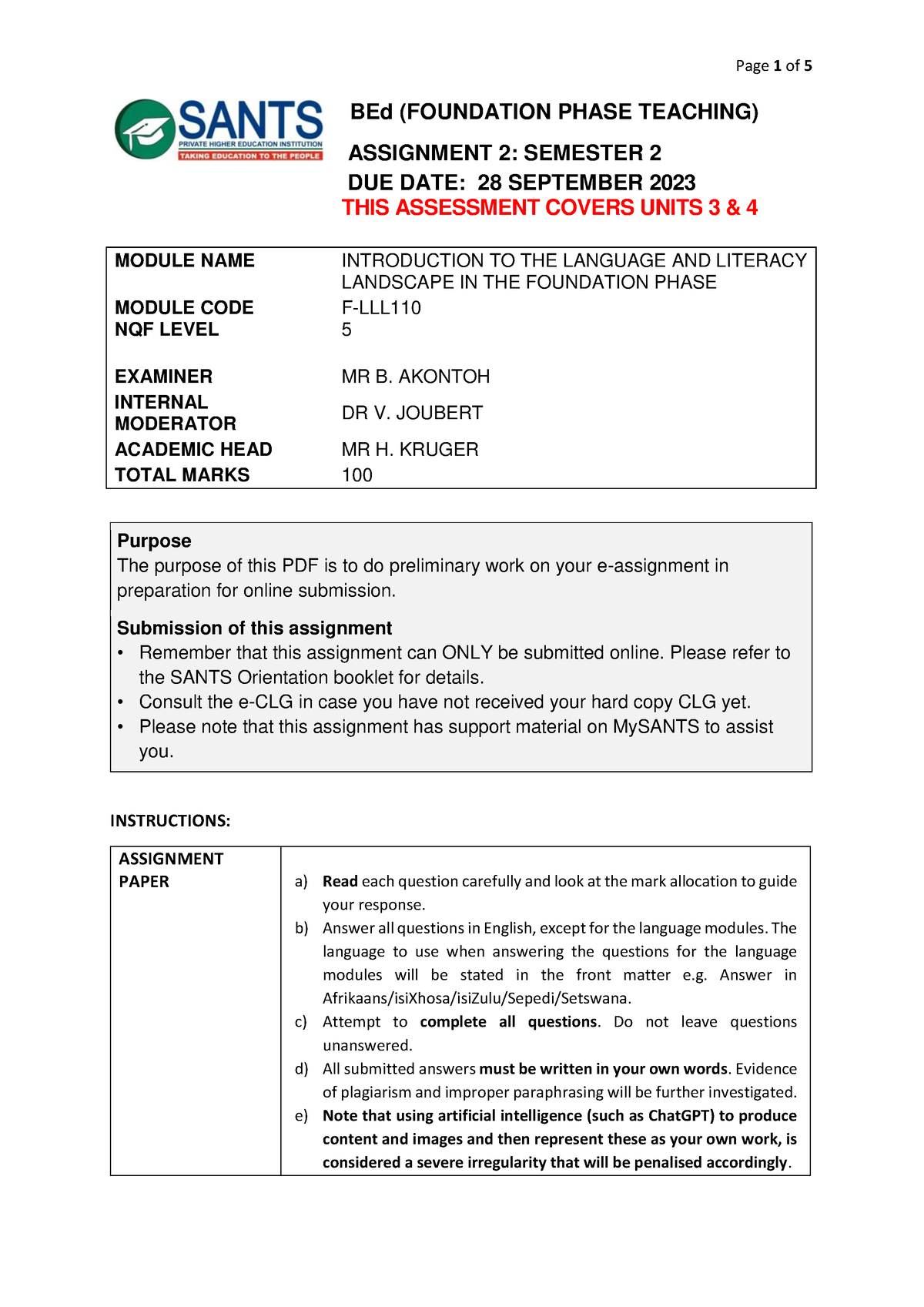 F-LLL 110 Assignment 2 Semenster 2 2023 - BEd (FOUNDATION PHASE ...