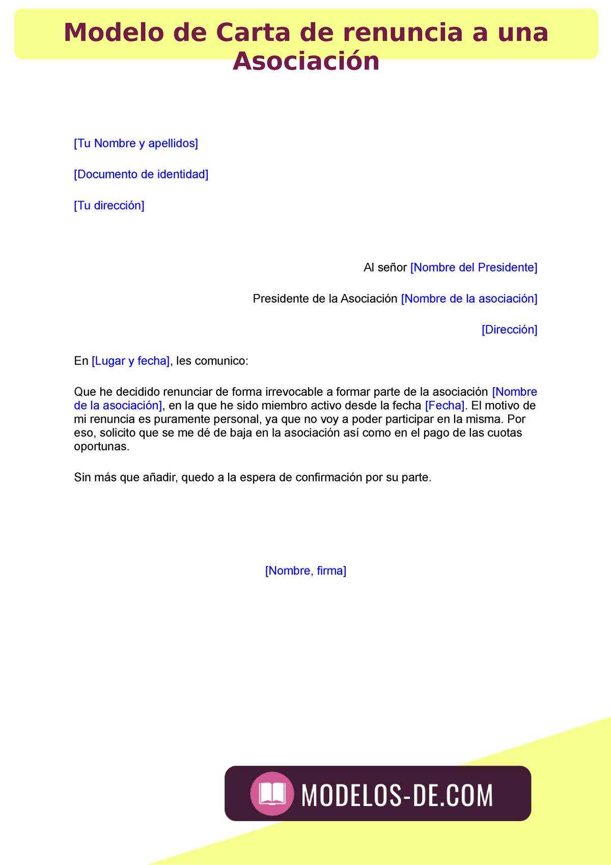 Modelo carta de renuncia Asociación - [Tu Nombre y apellidos] [Documento de  identidad] [Tu - Studocu
