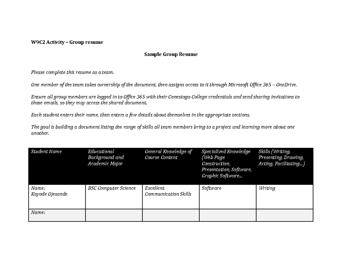 W9C2 Activity – Group resume - W9C2 Activity – Group resume Sample ...