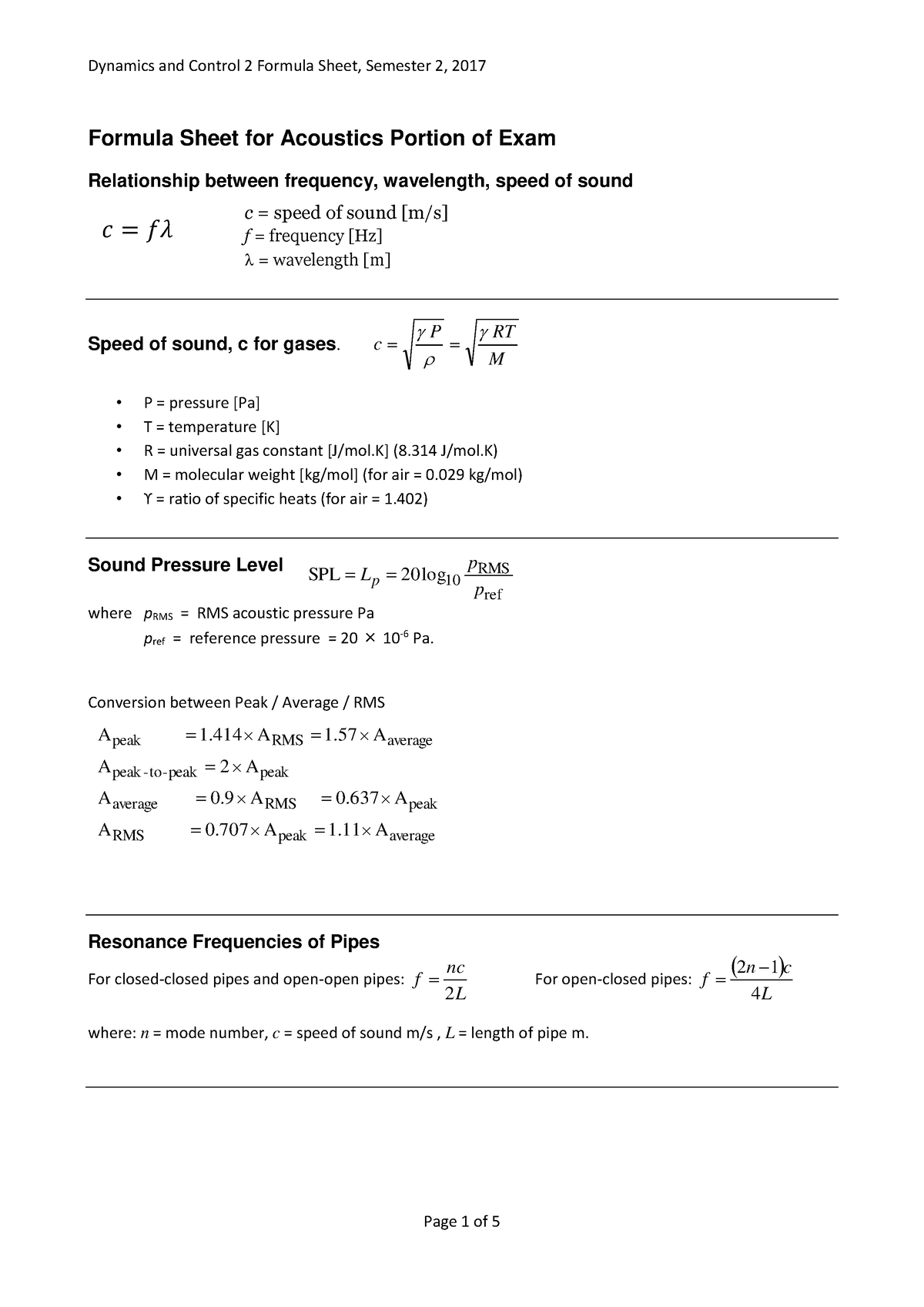 Formula Sheet D&c2 Acoustics 2017-1 - Formula Sheet For Acoustics 