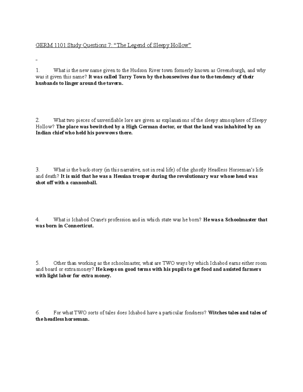 SQ7 Notes GERM 1101 Study Questions 7 “The Legend of Sleepy Hollow