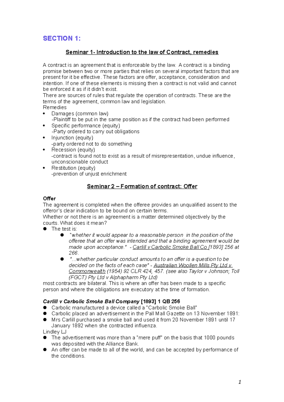 Contract Notes - SECTION 1: Seminar 1- Introduction To The Law Of ...