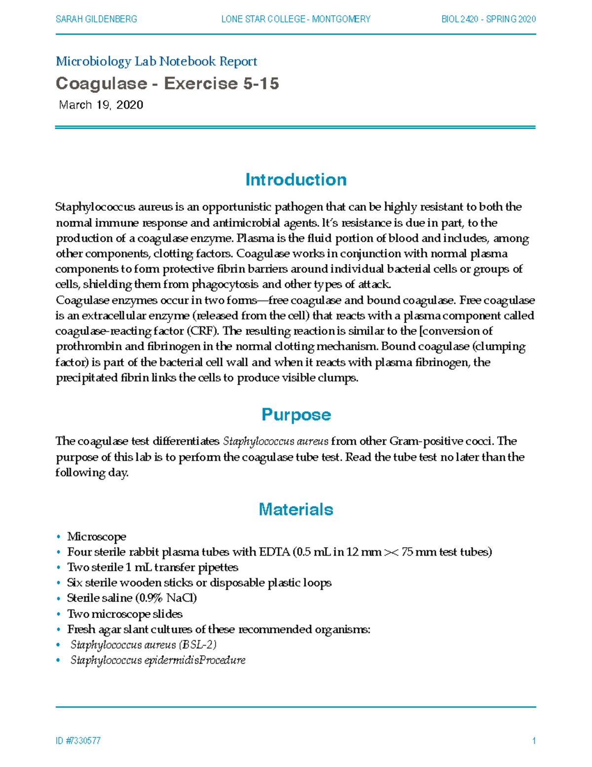 Complete Coagulase Lab SARAH GILDENBERG LONE STAR COLLEGE
