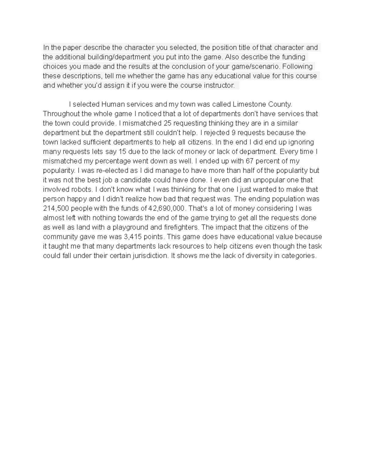 Lesson 12 - In the paper describe the character you selected, the ...