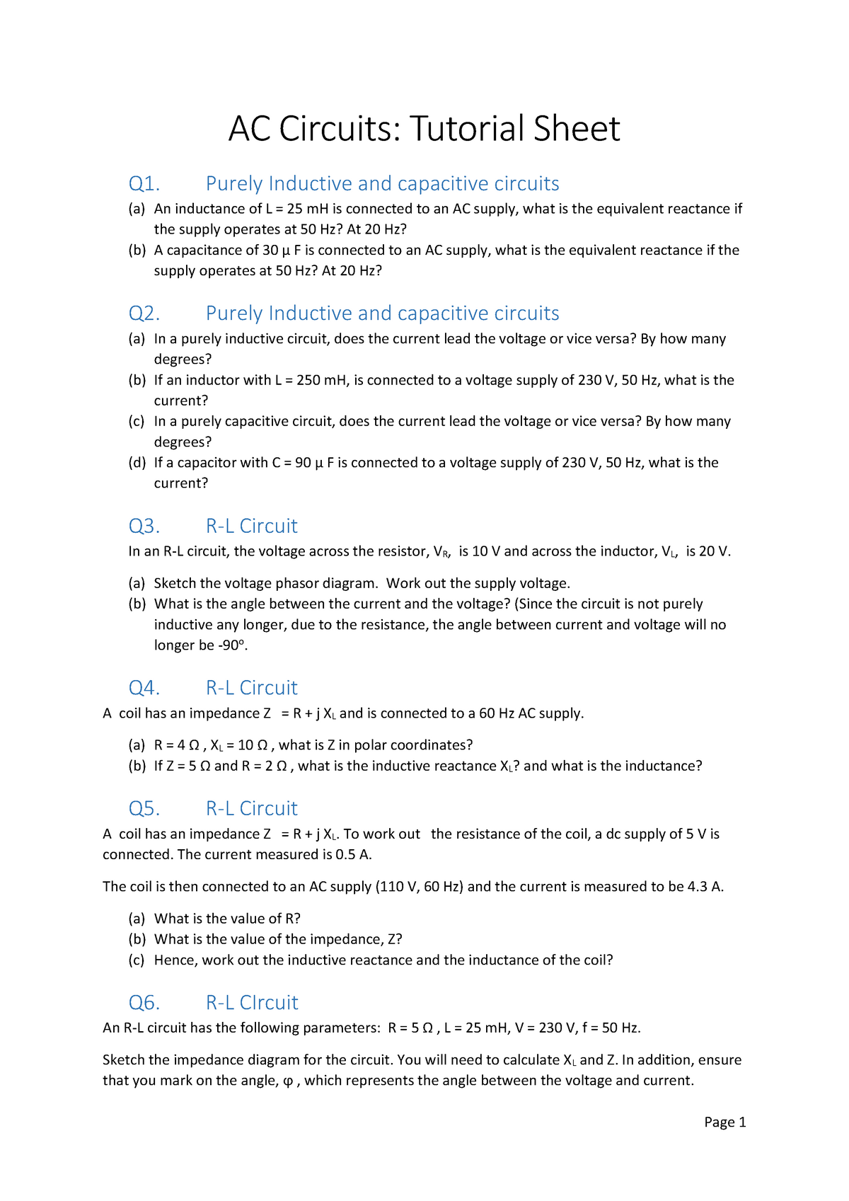 Ac Circuits Question V1 Pdf Ac Circuits Tutorial Sheet Q1 Purely Inductive And Studocu