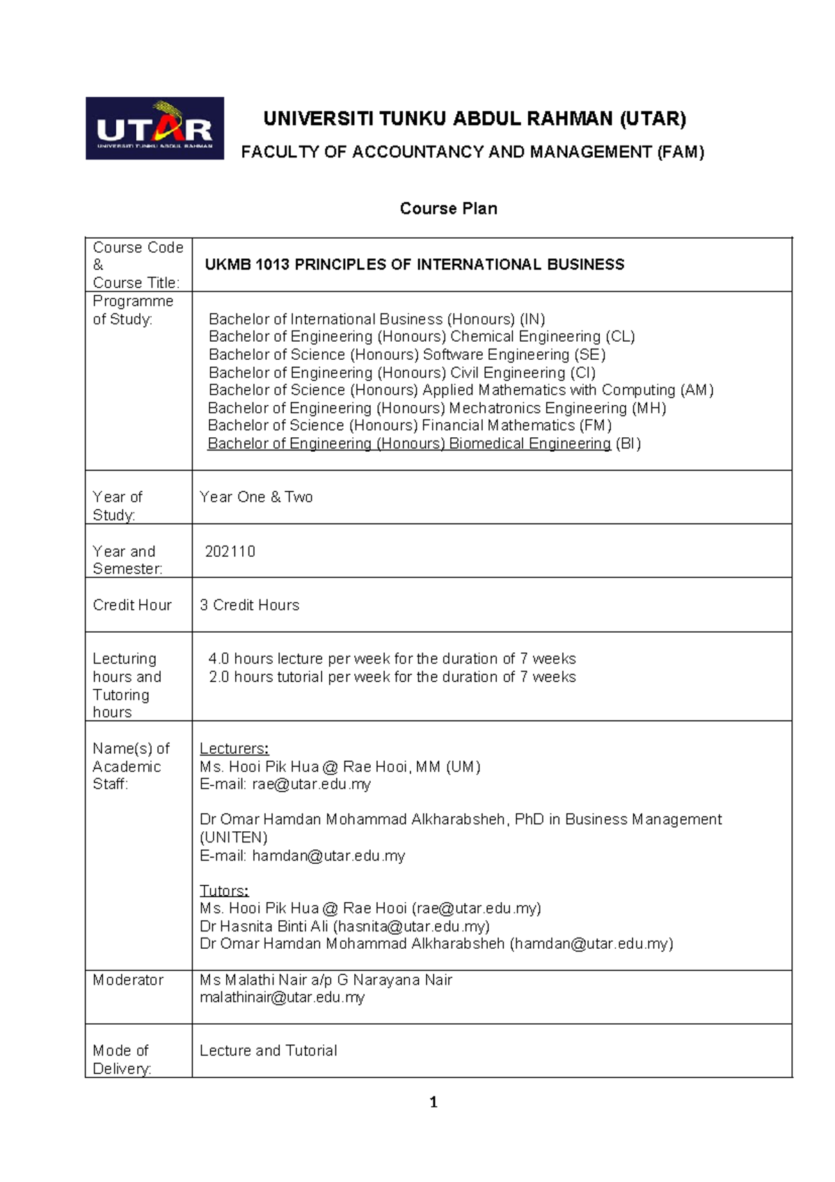 UKMB1013 - Course plan - UNIVERSITI TUNKU ABDUL RAHMAN (UTAR) FACULTY ...