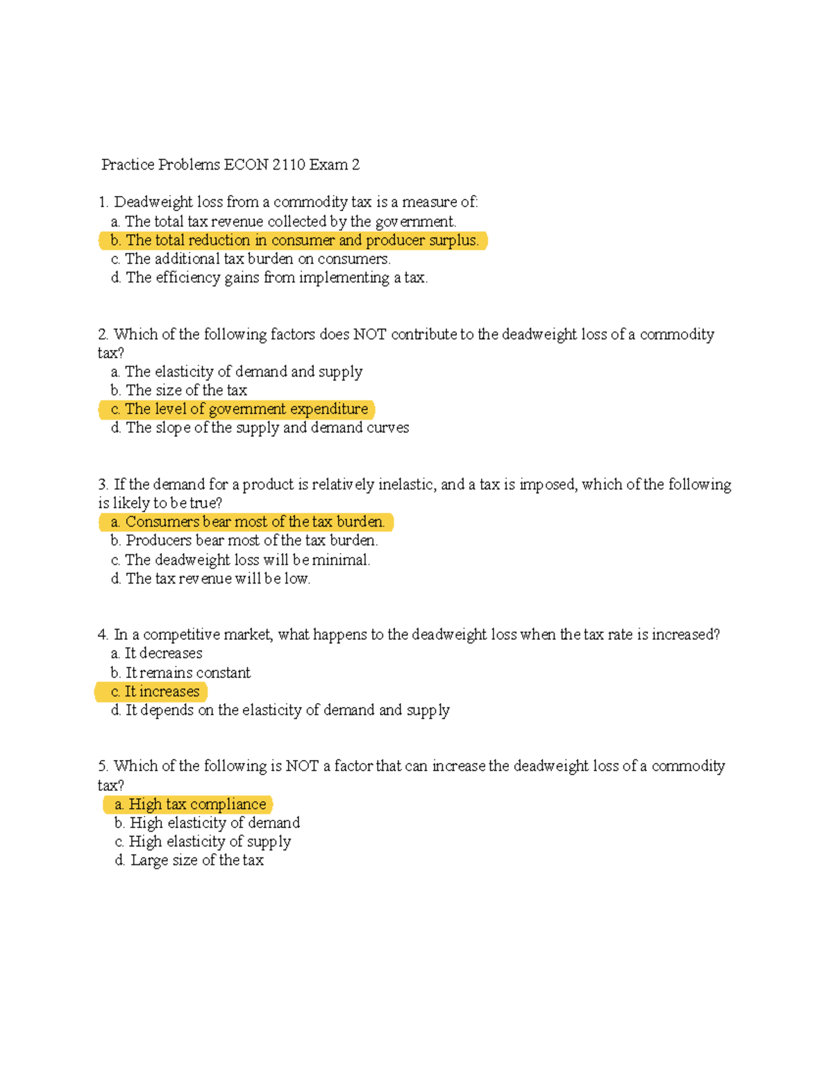 More Practice Problems Exam 2 - Practice Problems ECON 2110 Exam 2 ...