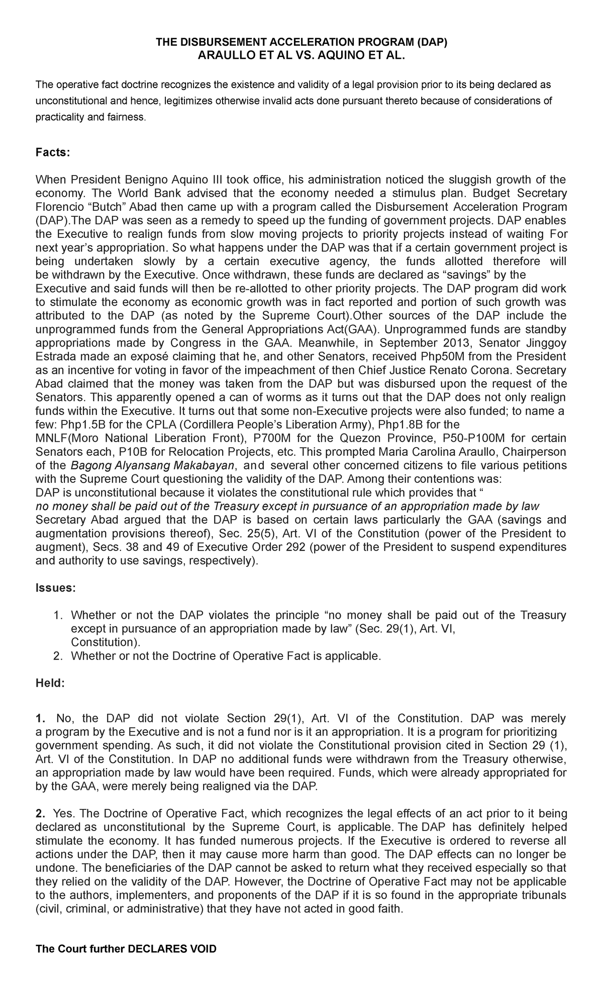 Araullo vs Aquino Digest - THE DISBURSEMENT ACCELERATION PROGRAM (DAP ...