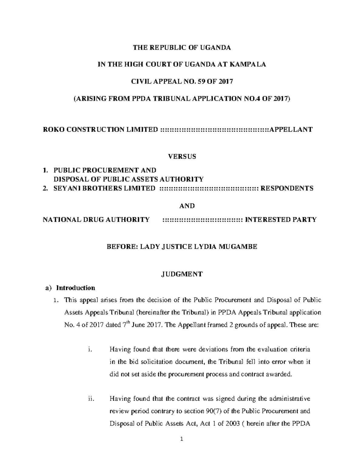 Roko Construction Limited v Public Procurement and Disposal of Public