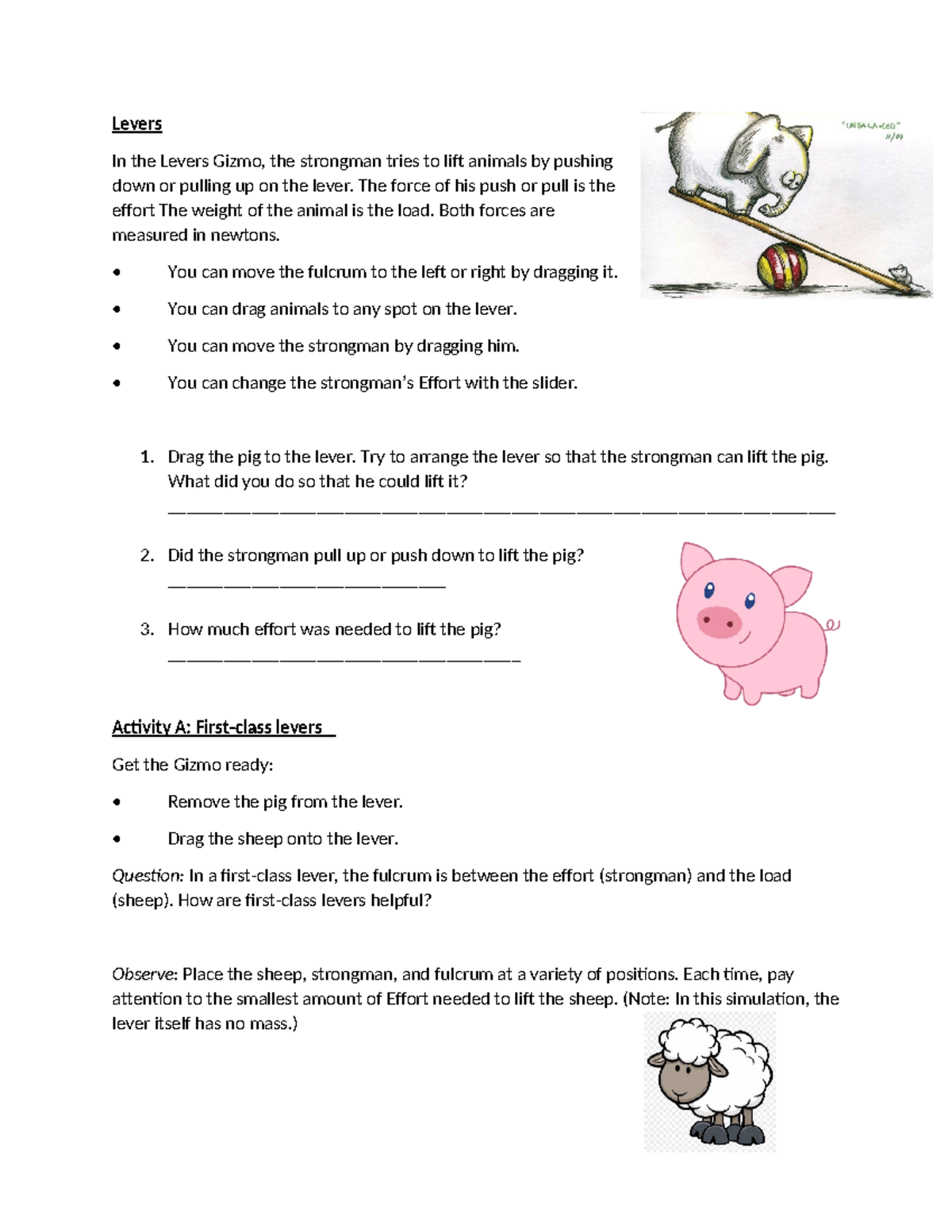 Lever Gizmo Worksheet Levers In the Levers Gizmo, the strongman tries