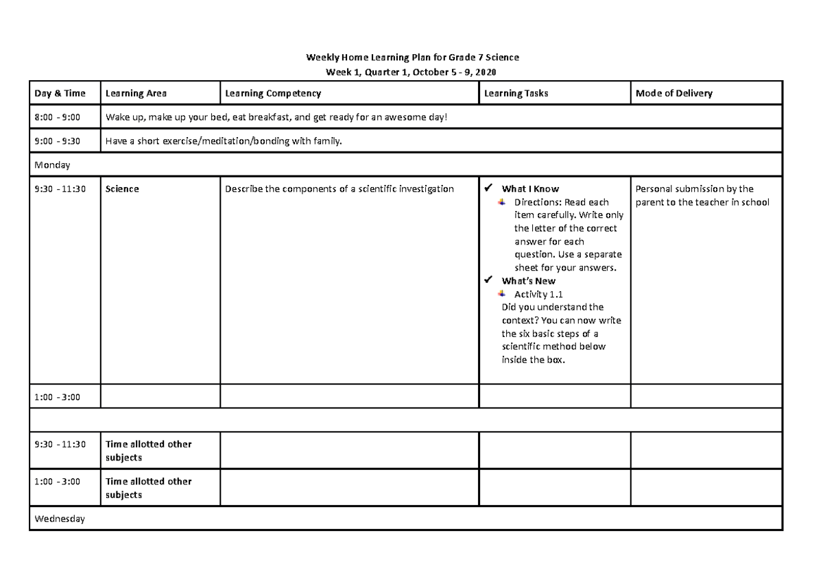 Weekly Home Learning Plan for Grade 7 Science - Monday 9:30 - 11:30 ...