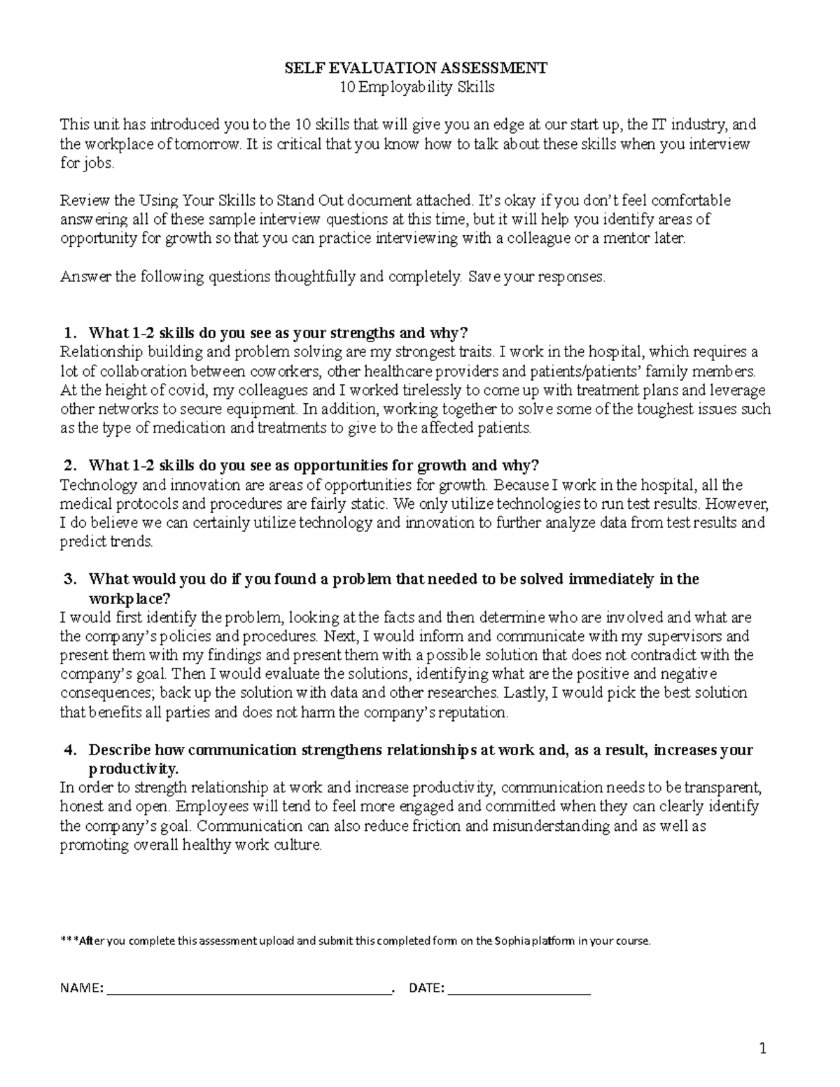 SELF Evaluation Assessment Touchstone 1 - SELF EVALUATION ASSESSMENT 10 ...
