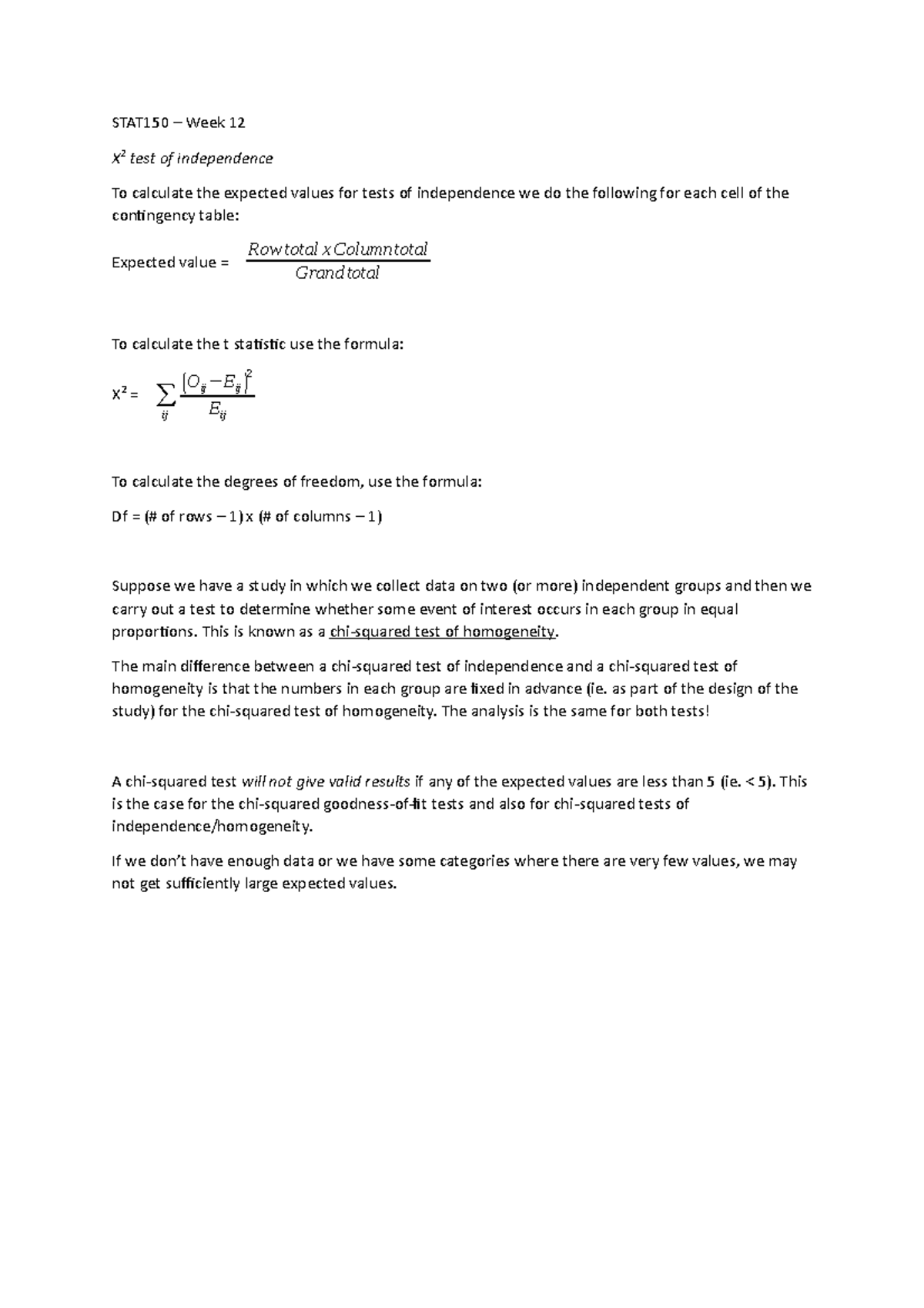 Week 12 - Business Statistics - STAT150 – Week 12 X 2 test of ...