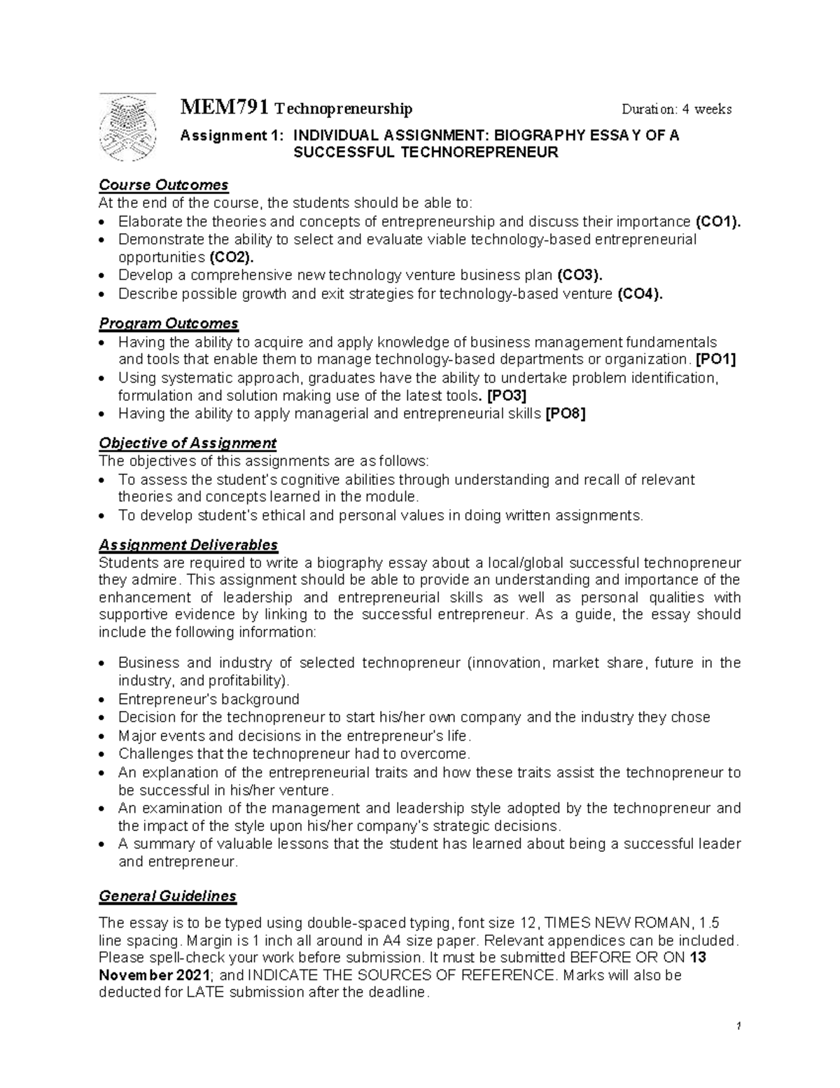 MEM791 Individual Assignment Instruction - 1 MEM791 Technopreneurship ...