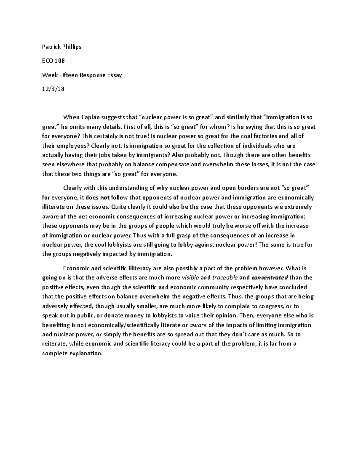 Week fifteen response essay - Patrick Phillips ECO 108 Week Fifteen ...