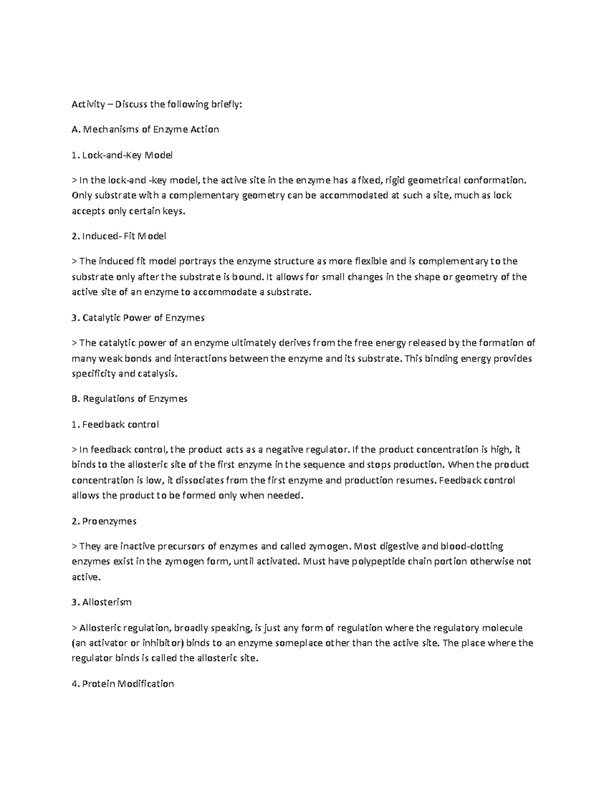 Biochem Lec Activity Enzyme Activity Discuss the following briefly