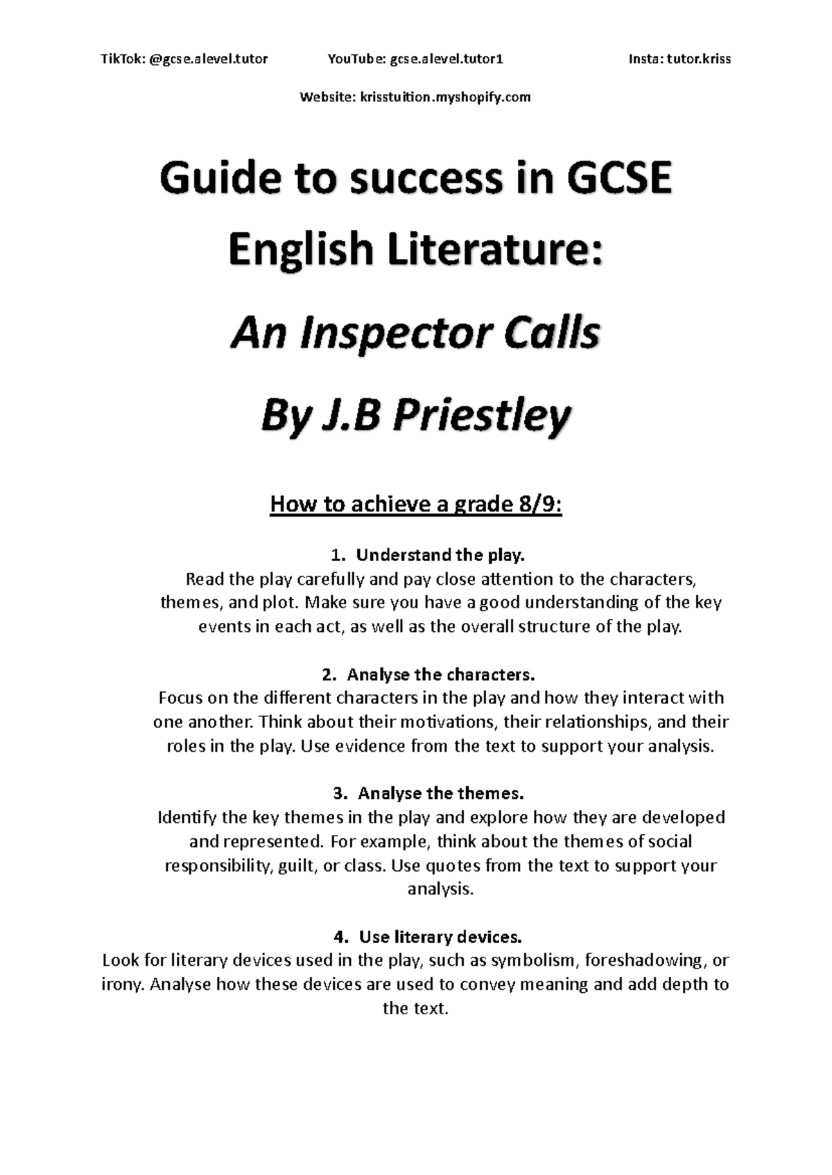 AN Inspector Calls Revision Guide site How