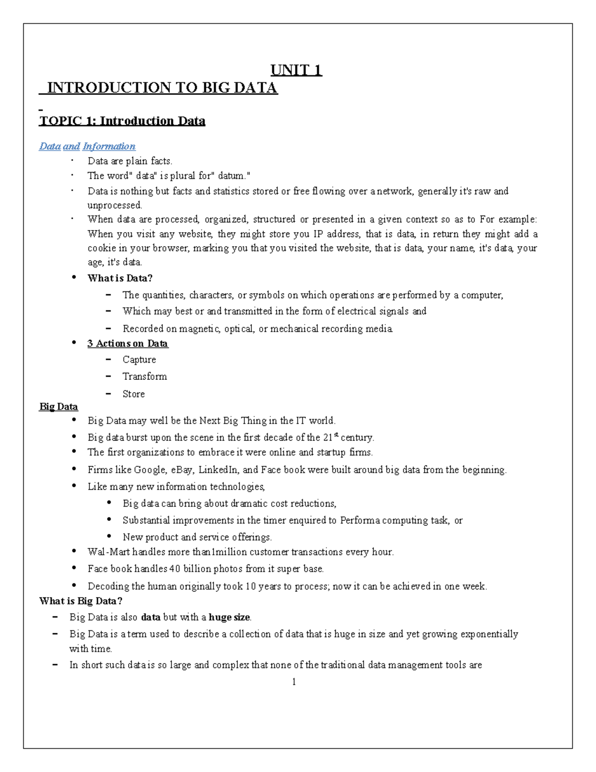 UNIT 1 BDA - unit 1 - UNIT 1 INTRODUCTION TO BIG DATA TOPIC 1 ...