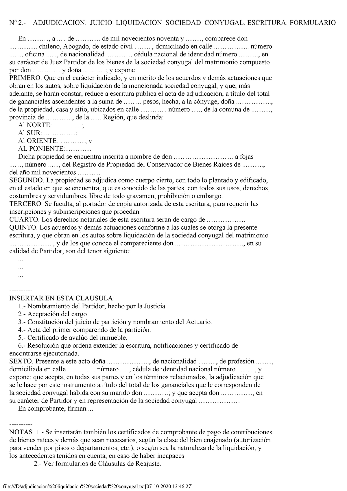 Adjudicacion liquidacion sociedad conyugal - file:[07-10-2020 13:46:27] Nº   ADJUDICACION. JUICIO - Studocu