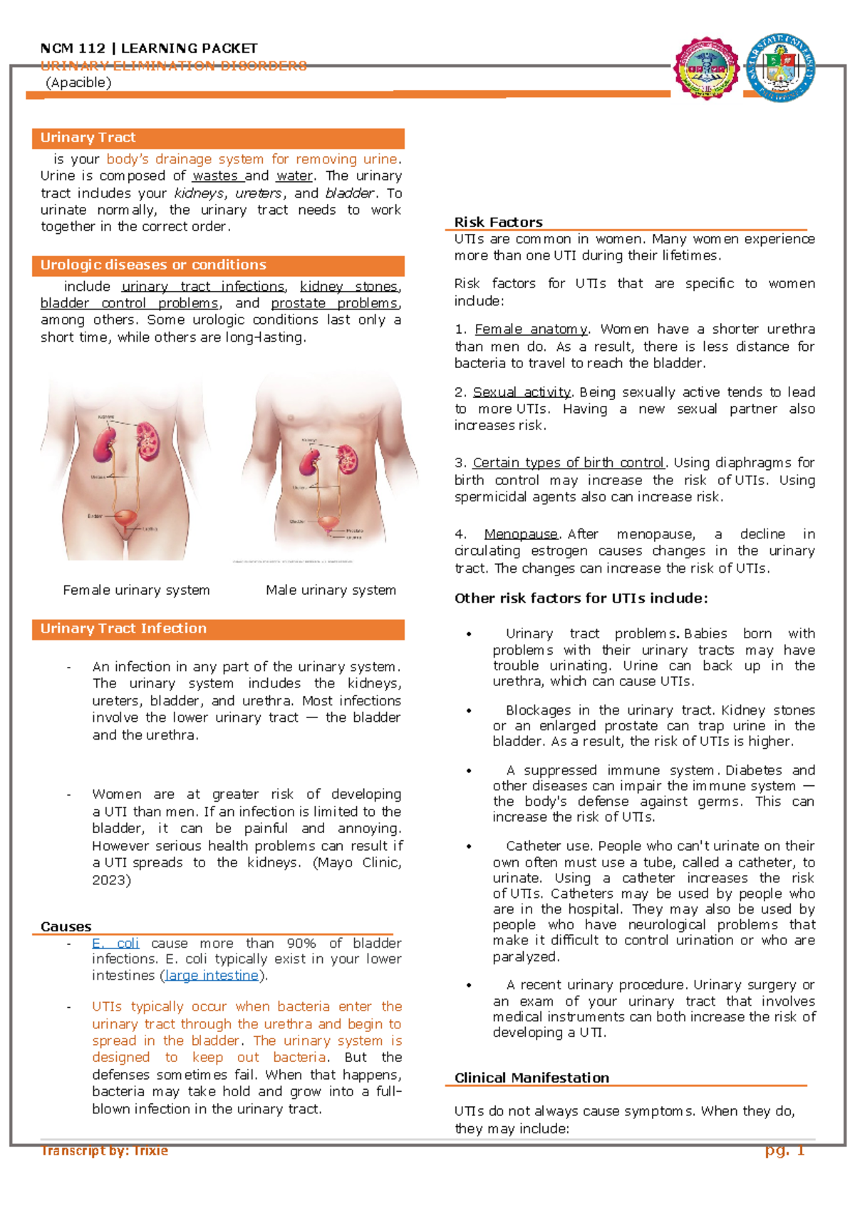 Urinary Tract Disorders - NCM 112 | LEARNING PACKET URINARY ELIMINATION ...