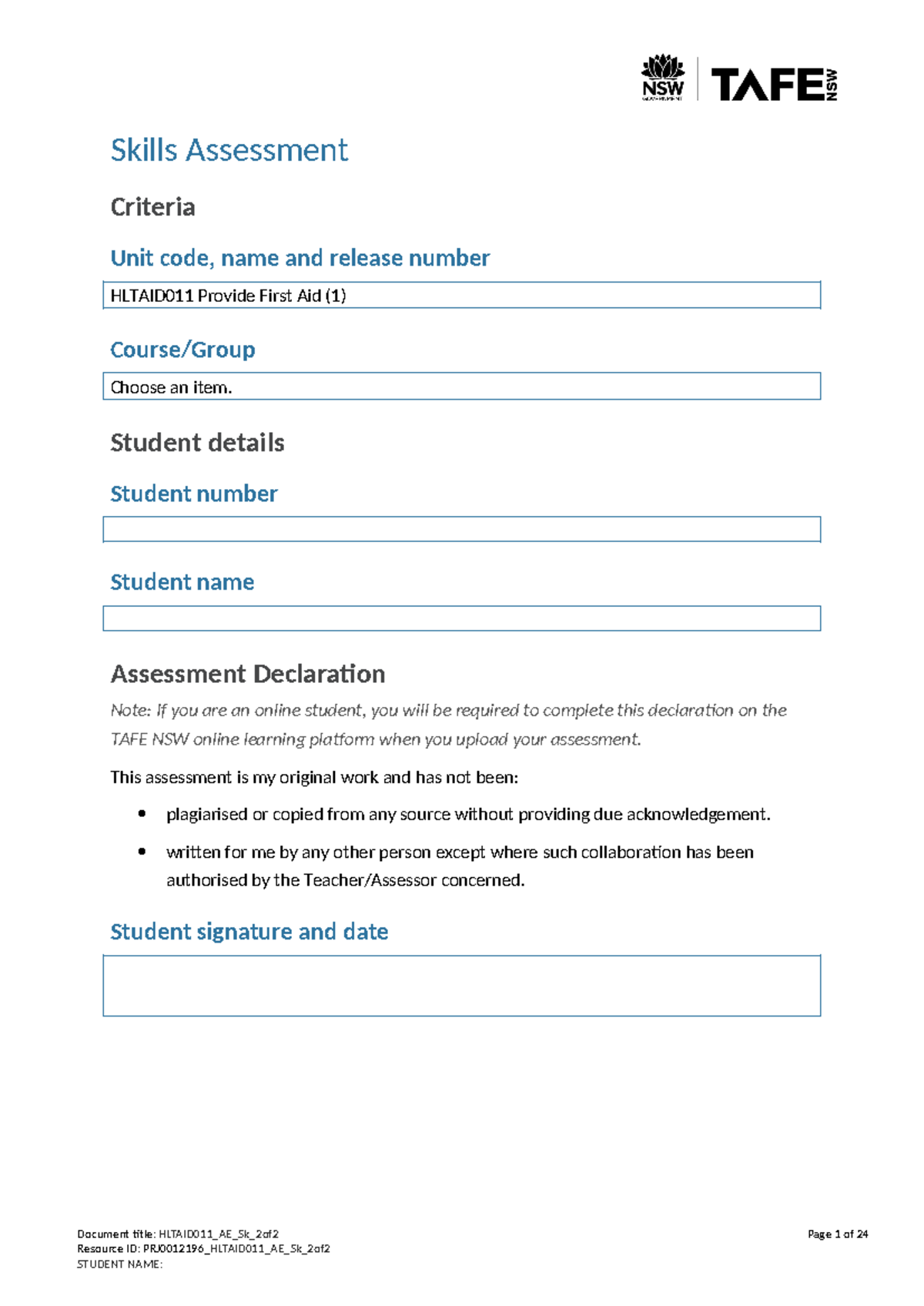 Hltaid 011 AE Sk2of2 First aid assignment Skills Assessment